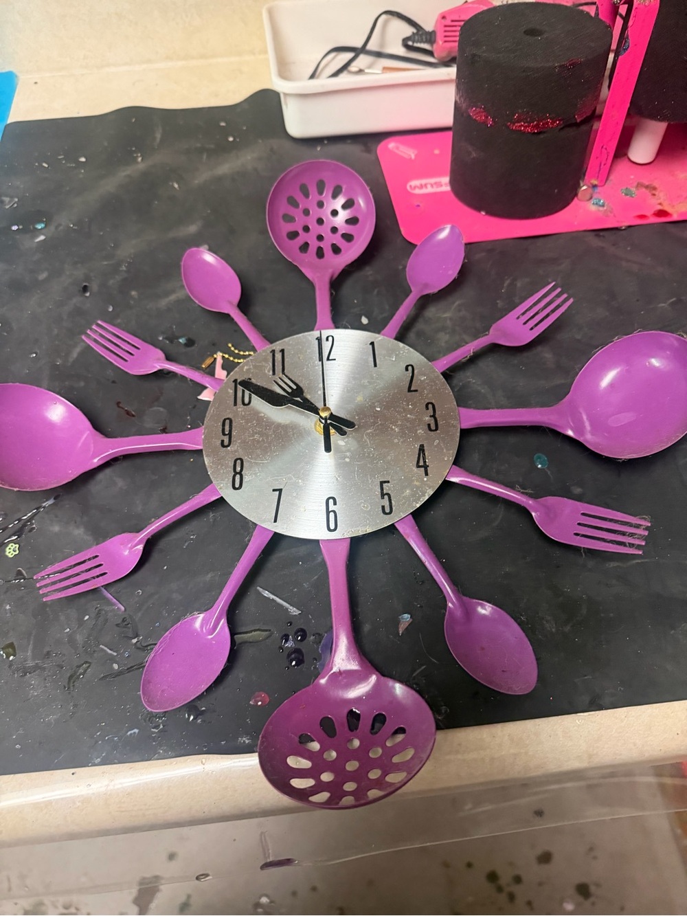 Purple Utensil Wall Clock - Kitchen Spoon & Fork Design